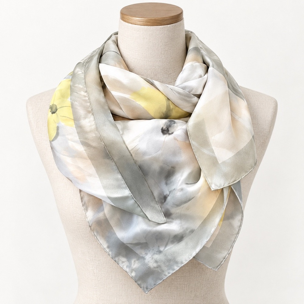 Ellen Tracy Scarf Womens OS Grey Floral Watercolor 100% Silk Elegant Square Wrap